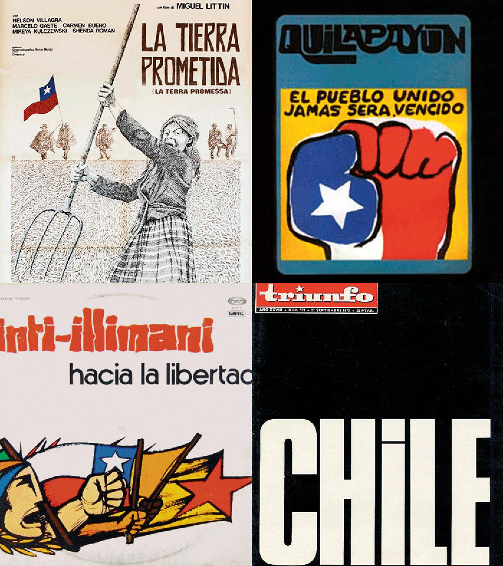Cartel de 'La tierra prometida', de Miguel Littin, las carátulas de 'El pueblo unido jamás será vencido' y 'Hacia la libertad', de Quilapayún e Inti-Illimani, respectivamente, y la histórica portada del número 573 de la revista triunfo del 22 de septiembre de 1973.