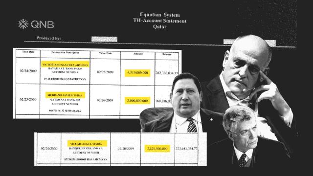 Victoriano Sánchez Arminio, Ángel María Villar y Javier Tebas con los documentos de la denuncia en un fotomontaje