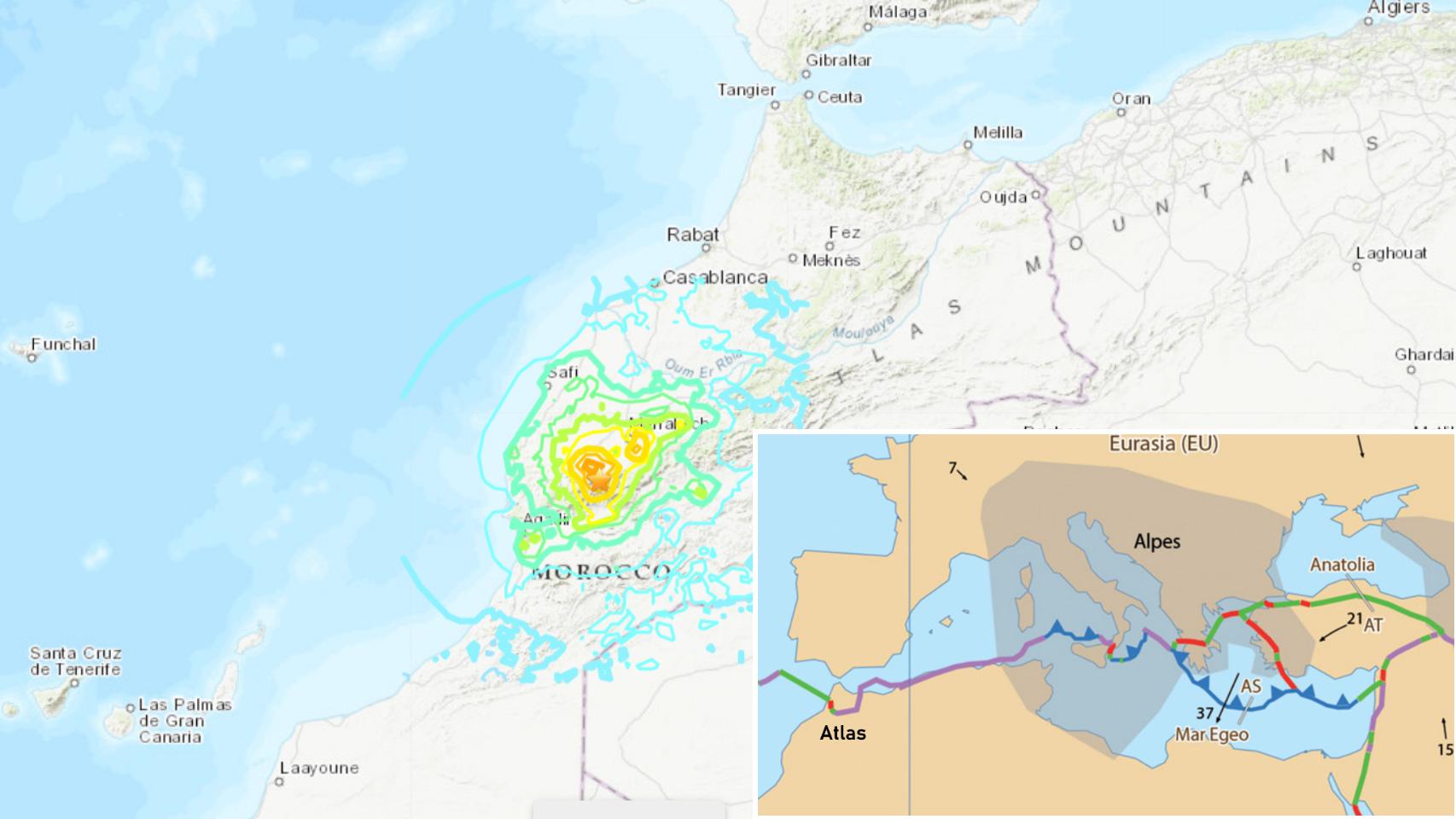 La extensión del terremoto de Marruecos y la localización de las fallas y fricciones entre placas.