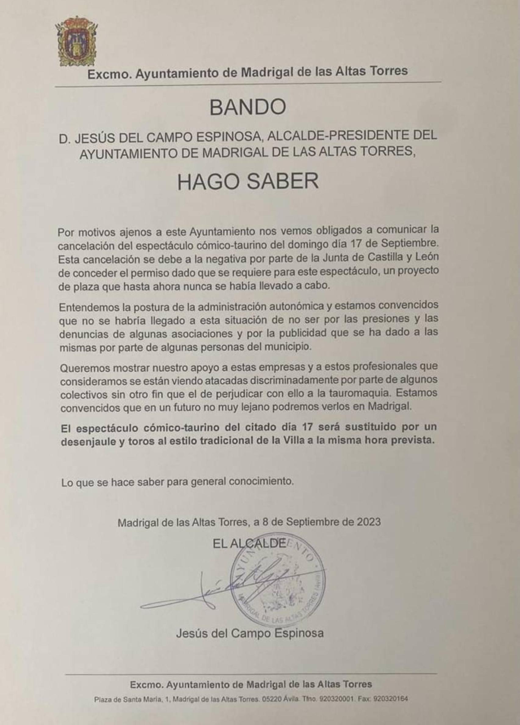 Comunicado del Ayuntamiento de Madrigal de las Altas Torres, Ávila