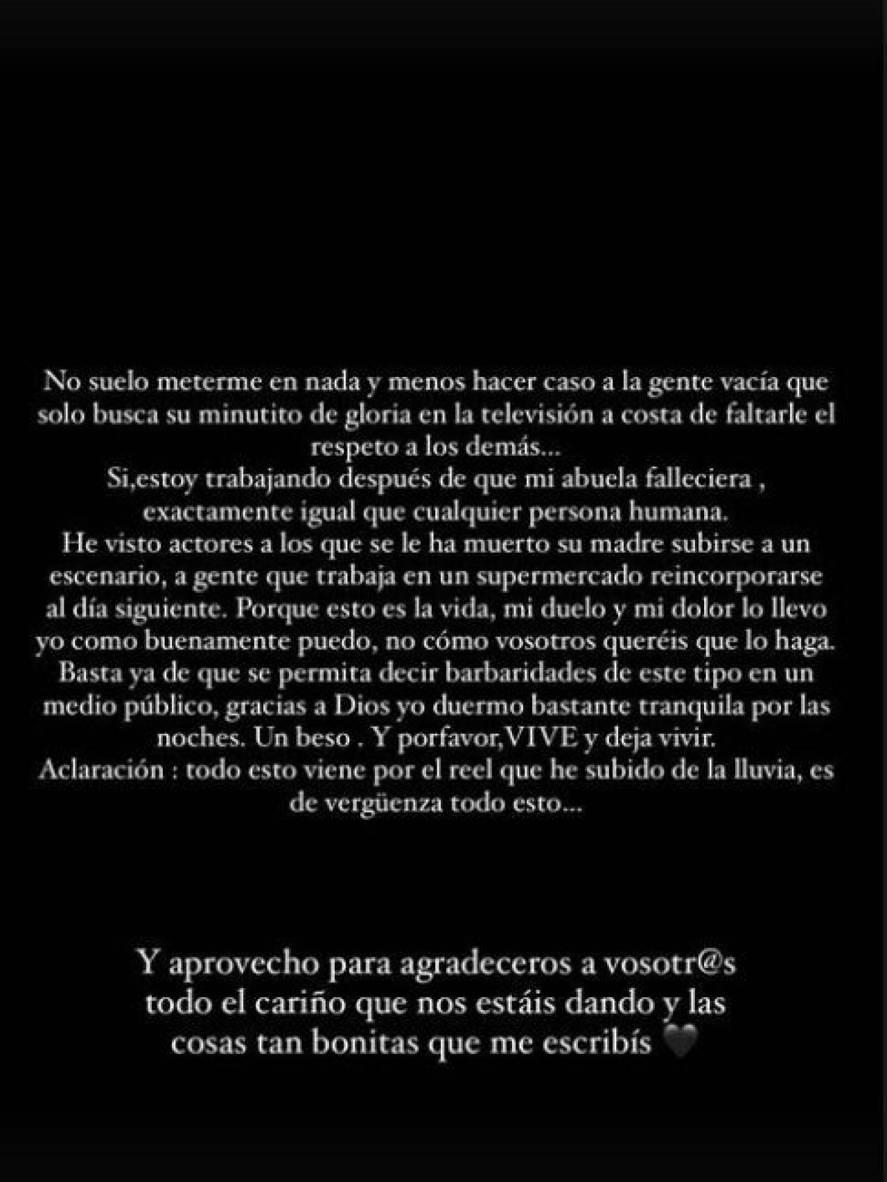 El escrito de Alejandra Rubio en su perfil de Instagram.