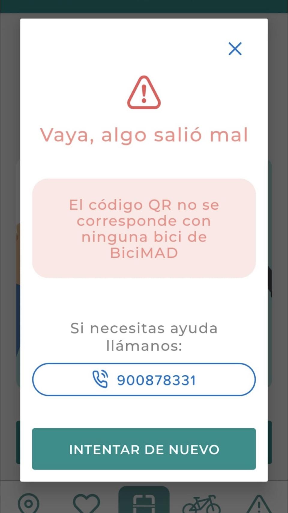 El mensaje que aparece al escanear el QR de la estafa de Bicimad.