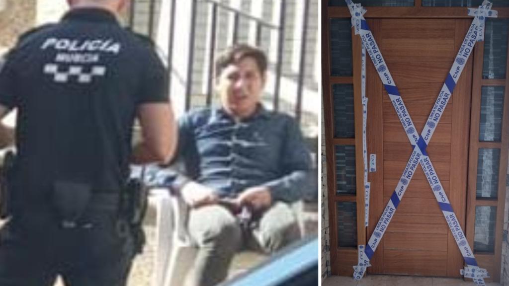 El sudamericano Bryan R., este domingo, custodiado por agentes de la Policía Local tras la muerte violenta de Maravillas en su casa de la pedanía murciana de El Palmar.