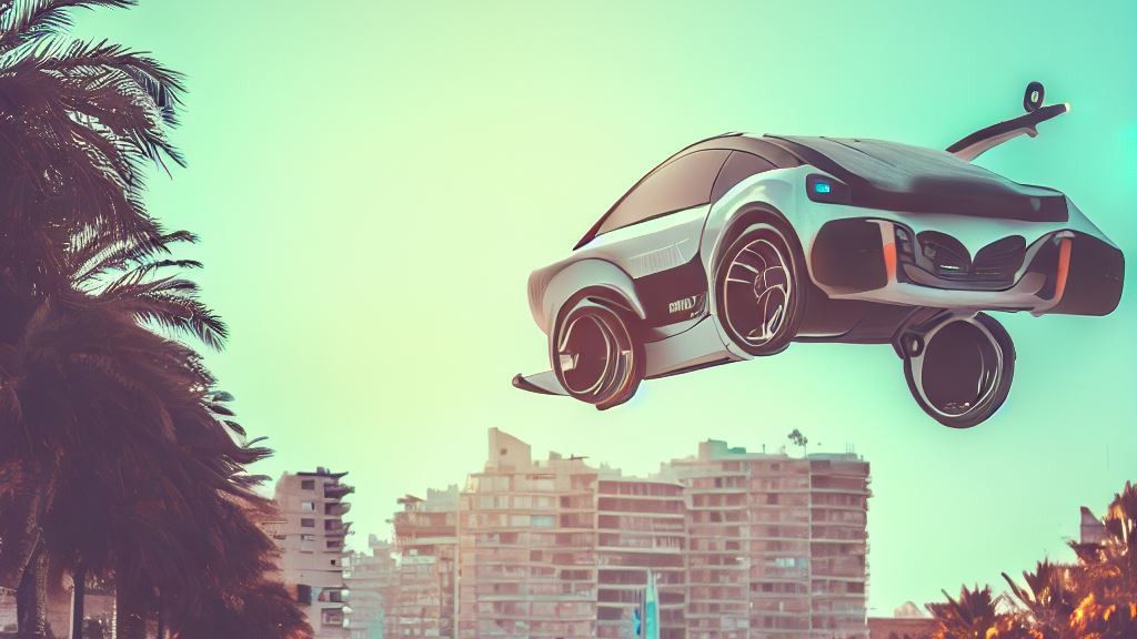Coche volador sobrevolando Alicante en 2123, en una imagen creada con la IA de Bing.