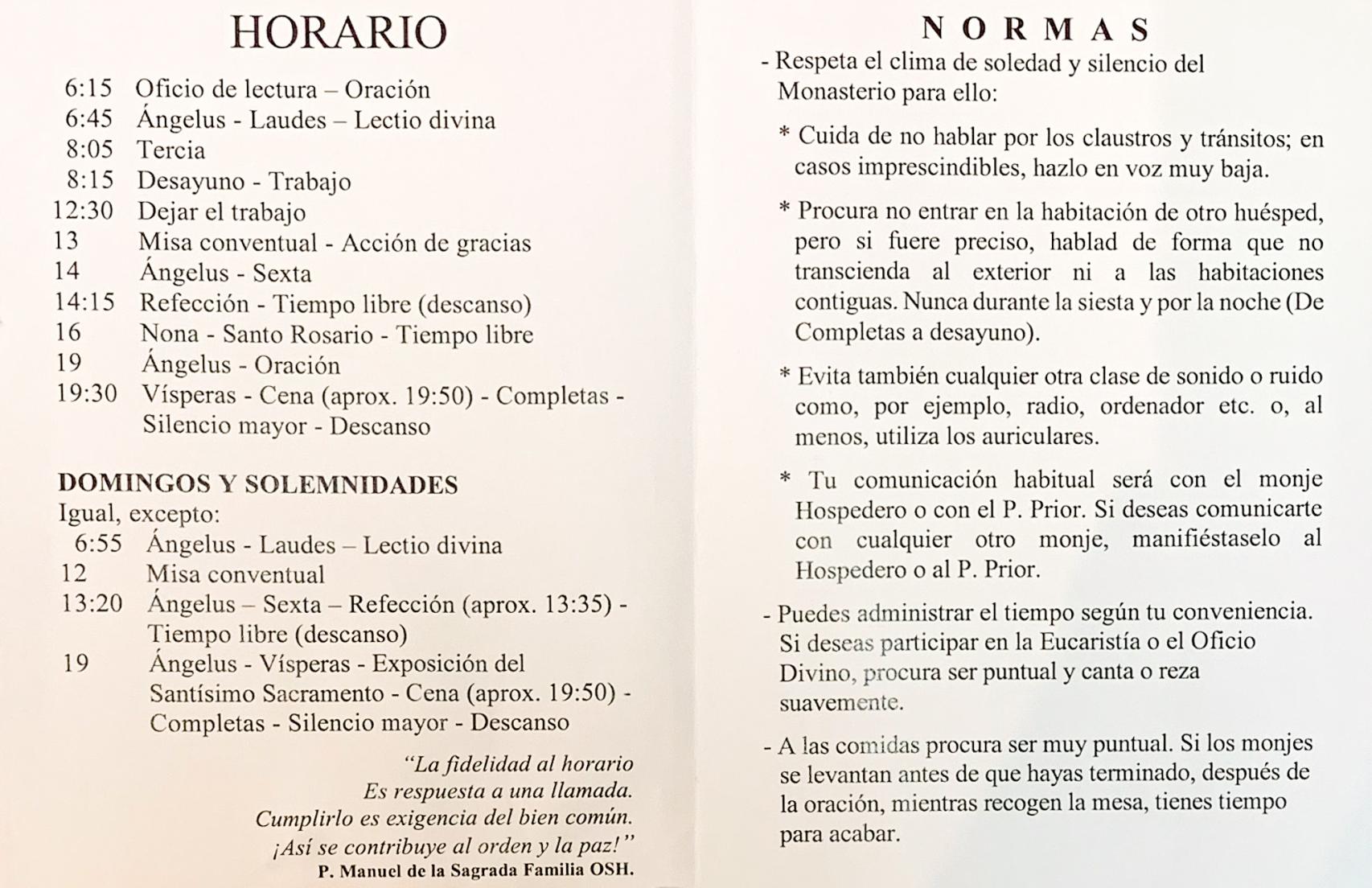 Vista de los horarios y normas para los huéspedes acogidos por los jerónimos en Santa María del Parral.