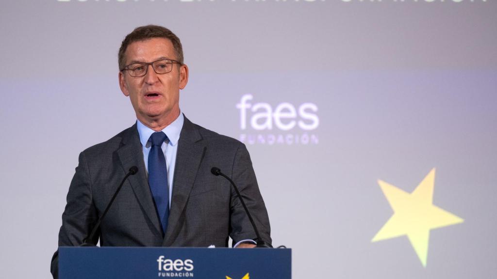 El líder del PP, Alberto Núñez Feijóo, este viernes en un acto de la fundación FAES, en Madrid.