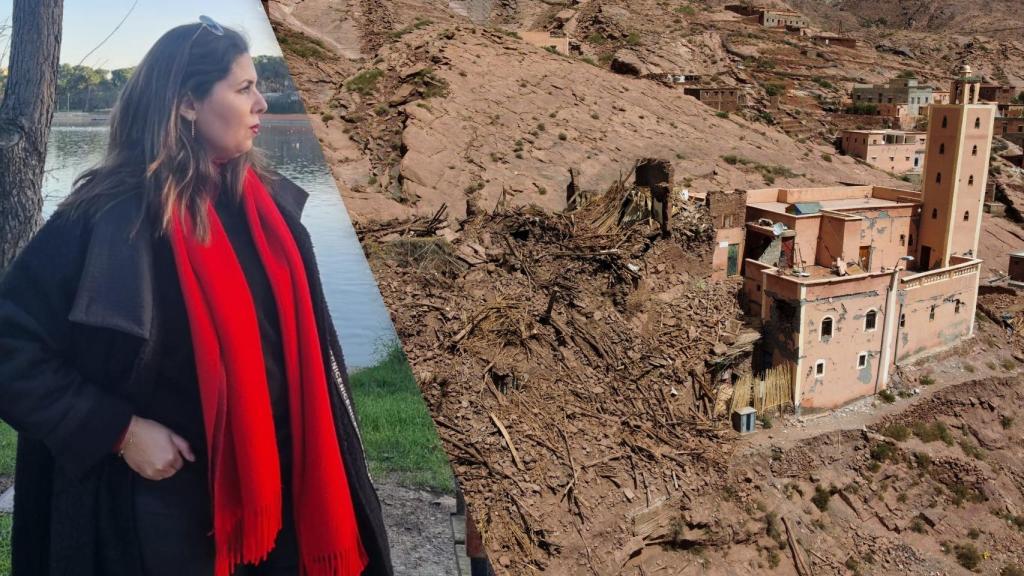 A la izquierda, la psicóloga Rajaa Malla El Marzouqi; a la derecha, el pueblo marroquí de Arghen después del terremoto.
