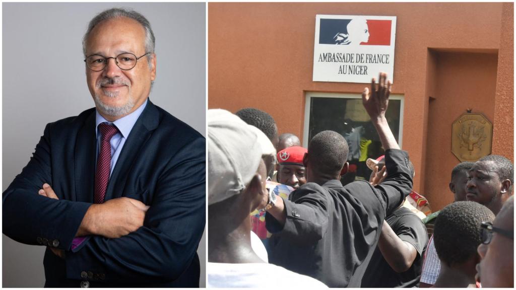 El embajador Sylvain Itté y una imagen de los altercados de las últimas semanas fuera de la Embajada francesa.