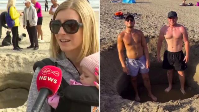 La prensa entrevistando a los curiosos y los dos hombres fotografiados junto a su creación.