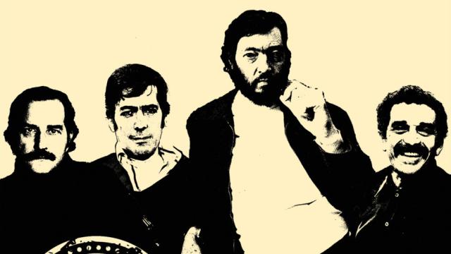 Carlos Fuentes, Mario Vargas Llosa, Julio Cortázar y Gabriel García Márquez en el montaje ilustrado correspondiente a la portada del libro 'Las cartas del boom' (Alfaguara)