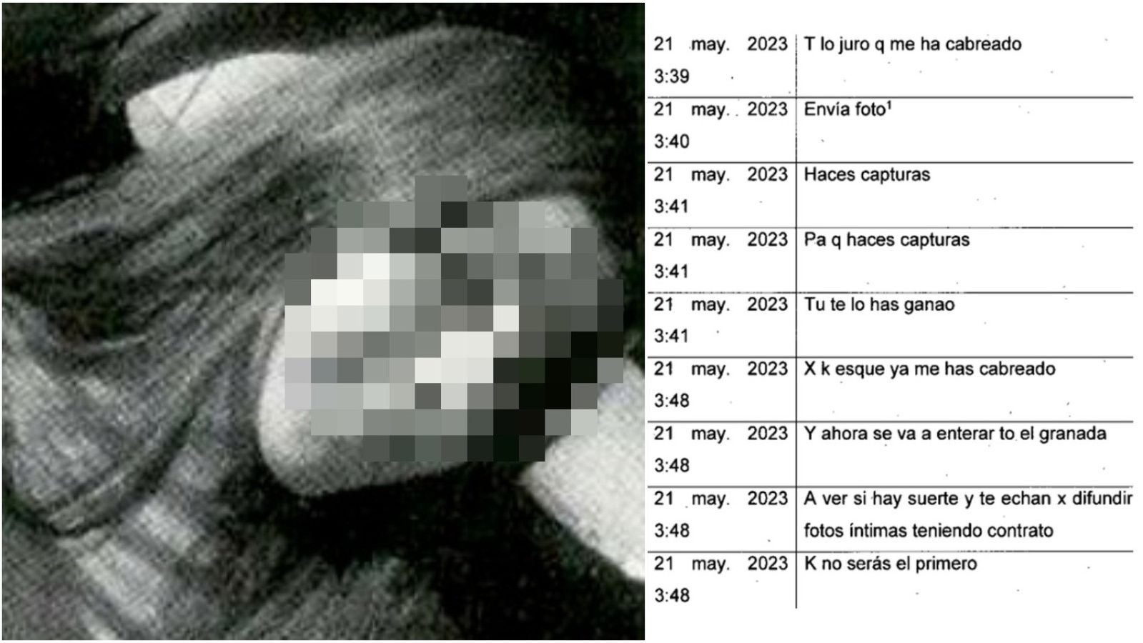 Una imagen de una de las chicas que utilizaba el investigado en el perfil de Telegram para ligar con jóvenes, junto a un chat donde reclama fotos íntimas a una víctima.