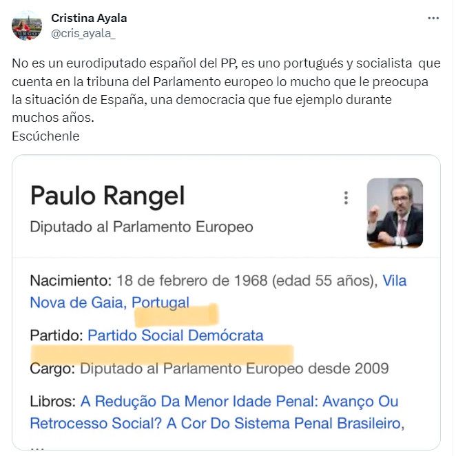 Imagen del tuit de Cristina Ayala.