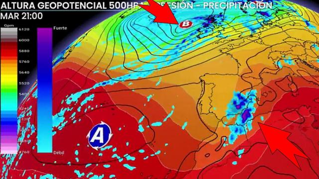La DANA entrando por el sureste mientras una borrasca se acerca por el noroeste. ElTiempo.es