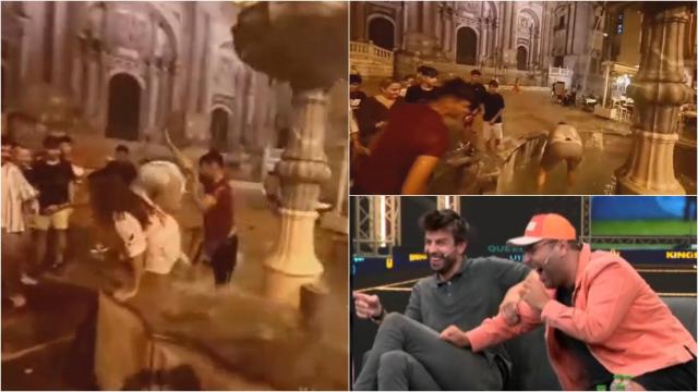 Jóvenes se bañan en  una fuente de Málaga y Piqué reacciona a ello.