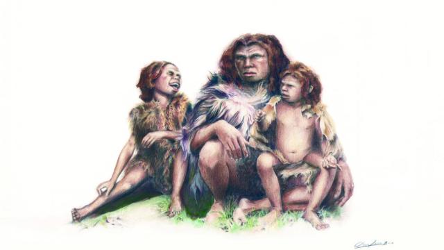 Ilustración de los tres individuos neandertales de la Cova Simanya.