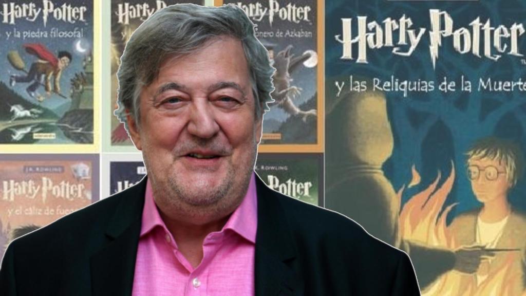 Montaje de Stephen Fry y los libros de Harry Potter.