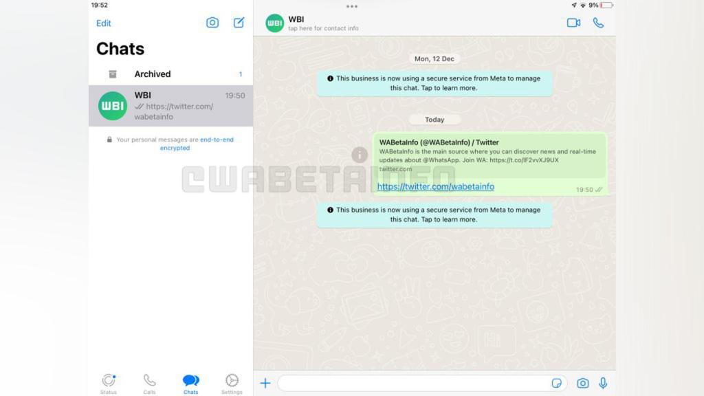 Versión beta de WhatsApp en un iPad.