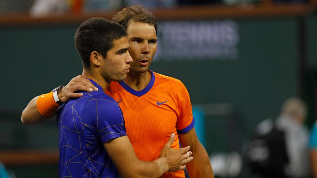 Rafa Nadal, junto a Carlos Alcaraz en el Mutua Madrid Open.