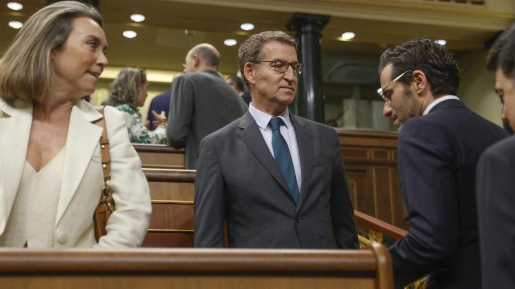 Cuca Gamarra y Alberto Núñez Feijóo saludan a Borja Sémper, a su llegada al hemiciclo.