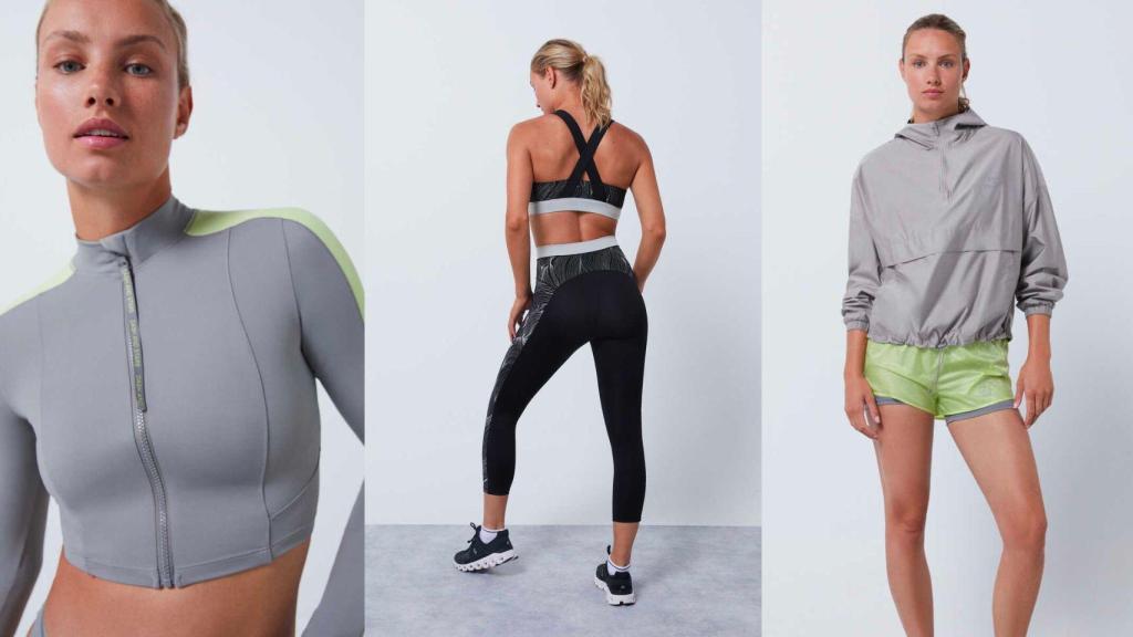 De izquierda a derecha, sujetador lima '4D Stretch' (23,99€); conjunto reflectante negro (top 25,99€ y 'legging' 27,99€); chaqueta 'Canguro Wind Resistant' (39,99€) y 'short' ultraligero (23,99€).