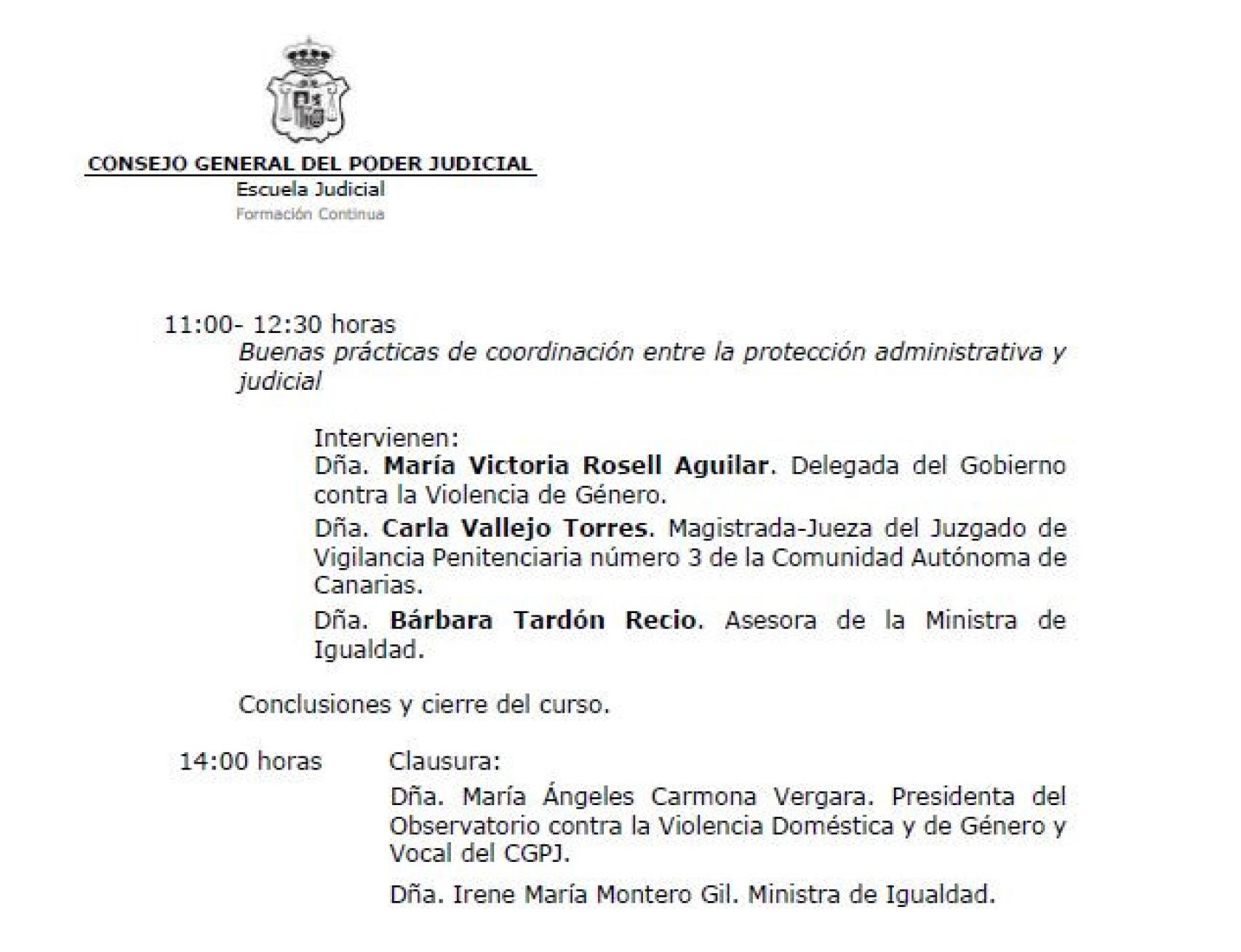 Programa del curso de jueces, ya con la modificación realizada para incluir a la ministra de Igualdad, Irene Montero./