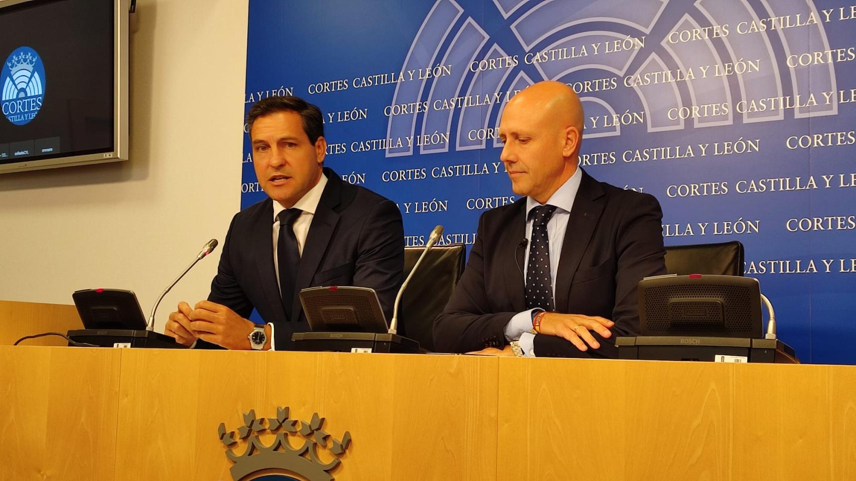 El portavoz del PP, Raúl de la Hoz, y el de Vox, Carlos Menéndez, durante la presentación de la iniciativa en las Cortes, este martes.