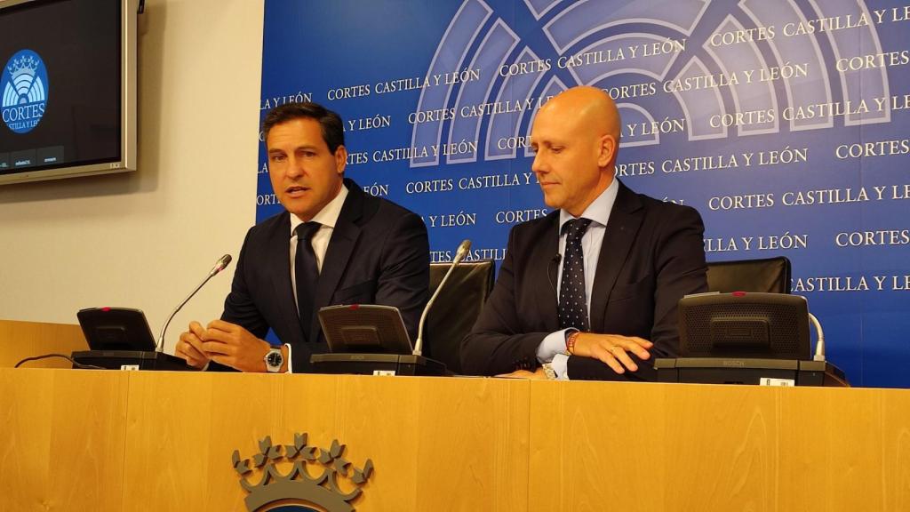 El portavoz del PP, Raúl de la Hoz, y el de Vox, Carlos Menéndez, durante la presentación de la iniciativa en las Cortes, este martes.