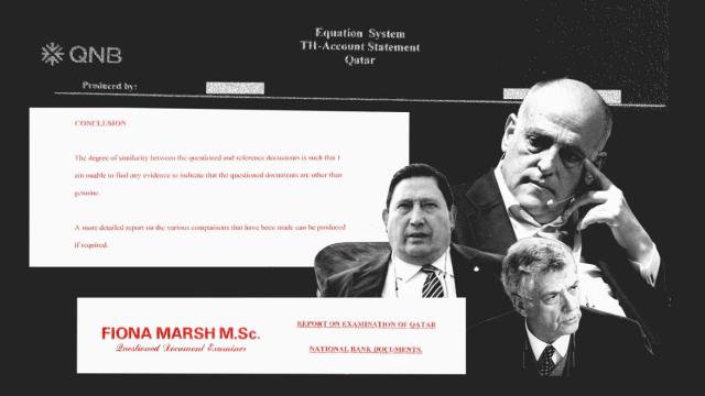 Javier Tebas, Victoriano Sánchez Arminio, Ángel María Villar y el informe de la perito de los documentos del QNB en un fotomontaje