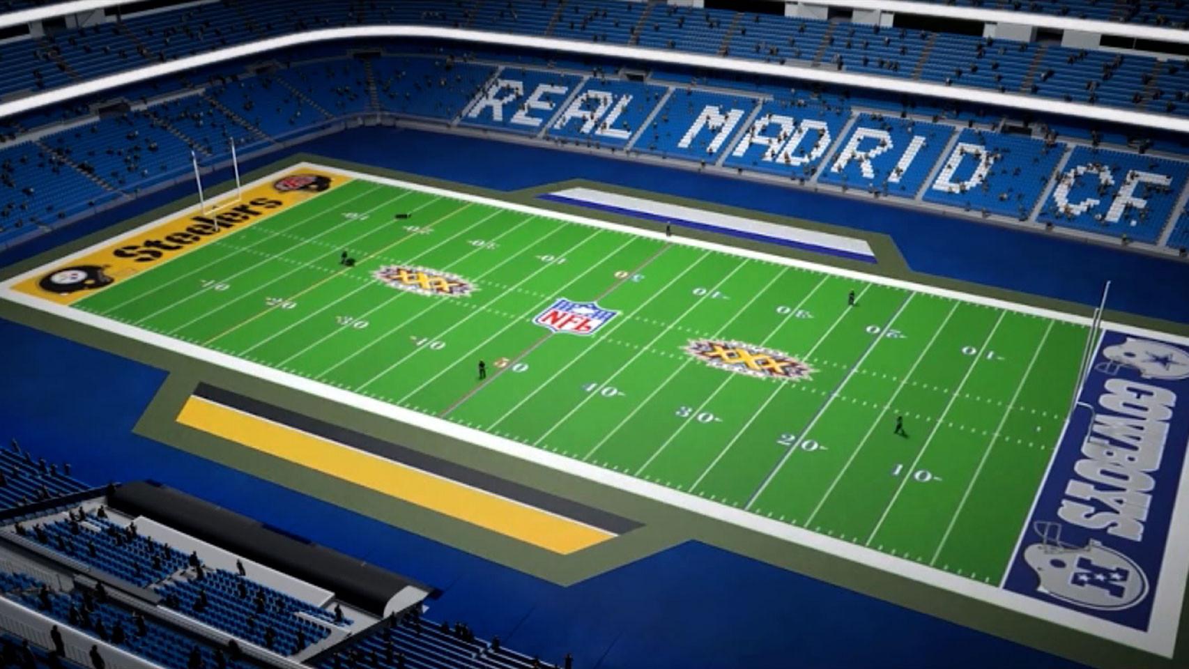 Simulación de un partido de fútbol americano en el nuevo Santiago Bernabéu