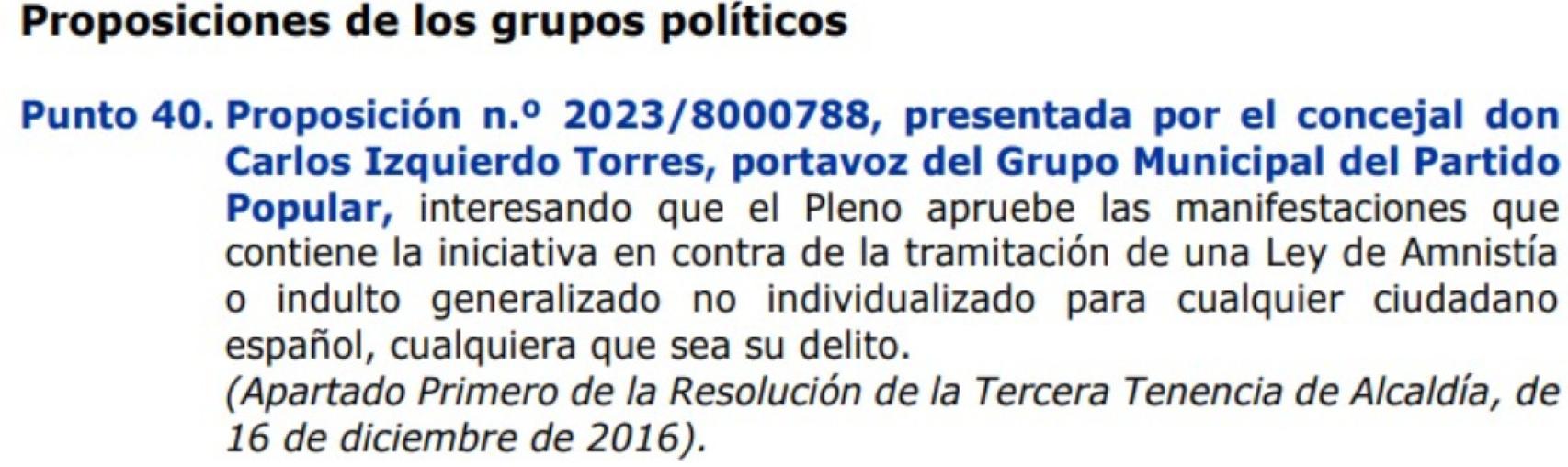 Moción contra la amnistía presentada por el PP en el Ayuntamiento de Madrid.