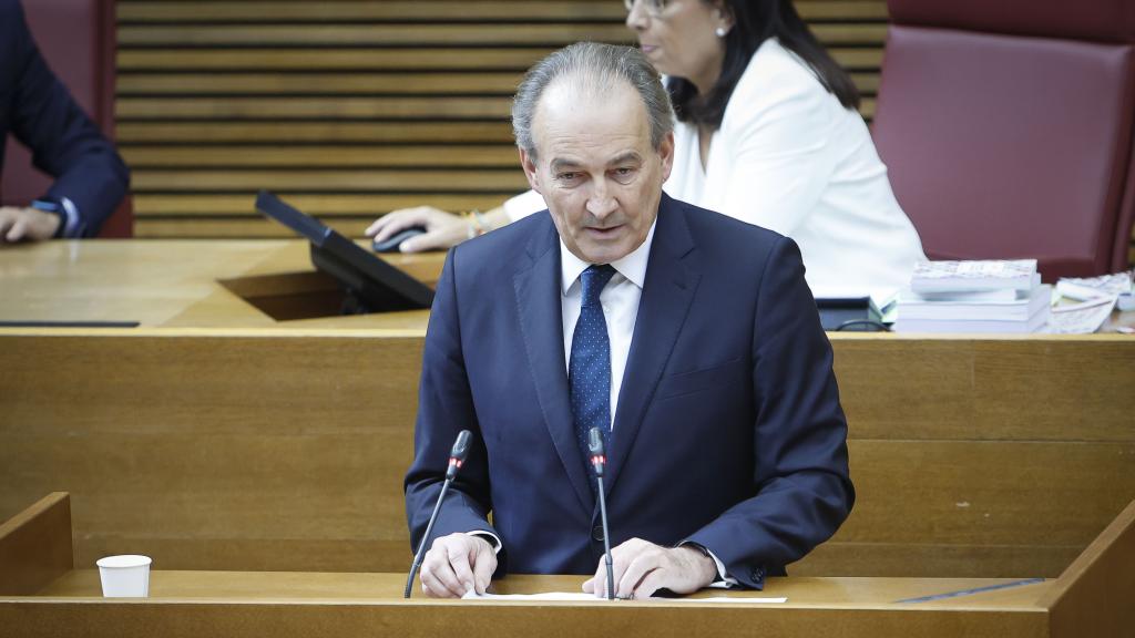 El conseller José Luis Aguirre durante su intervención este jueves en Les Corts. EE