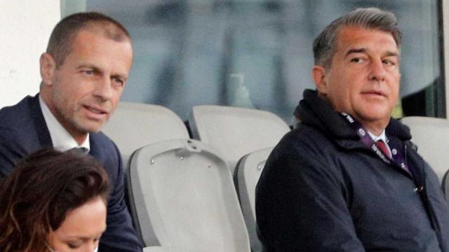 Aleksander Ceferin, presidente de UEFA, y Joan Laporta, presidente del FC Barcelona, en una foto de archivo