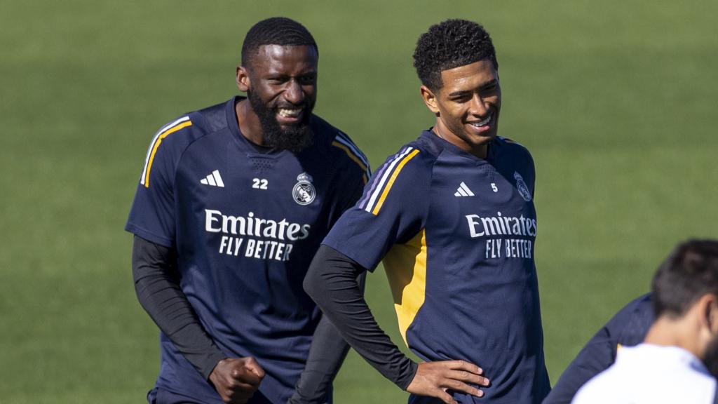 Rüdiger y Bellingham, en un entrenamiento del Real Madrid