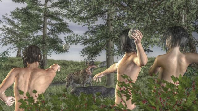 Recreación artística de un grupo de homínidos compitiendo con una hiena por la carroña.