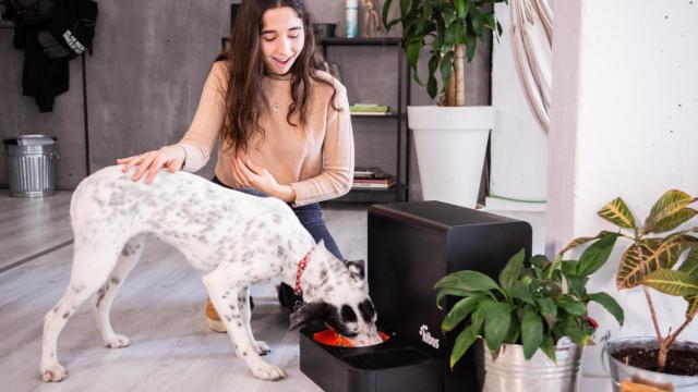 Una usuaria ofrece comida a su mascota elaborada por el robot de Kibus Petcare.