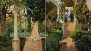 Joaquín Sorolla: 'El Patio de las Danzas. Jardines del Alcázar de Sevilla' y 'Subida al Jardín Alto. Jardines del Alcázar de Sevilla', 1910. Foto: Subastas Ansorena