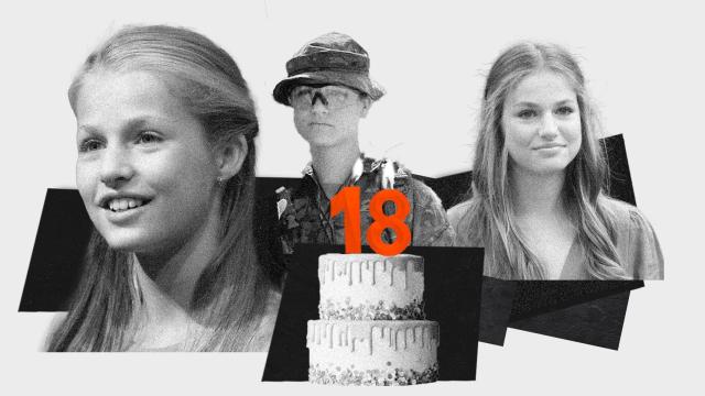 Leonor, en tres etapas de su vida, y una tarta con las velas que indican que cumple 18 años.