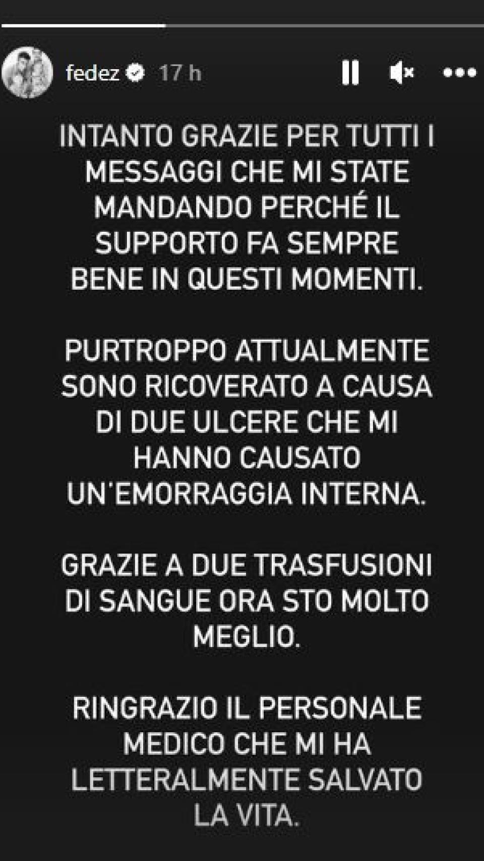 La publicación del rapero Fedez en sus 'stories' de Instagram.