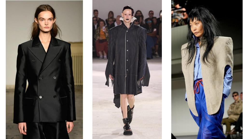 De izquierda a derecha: diseños de Carven, Junya Watanabe y Vivienne Westwood.