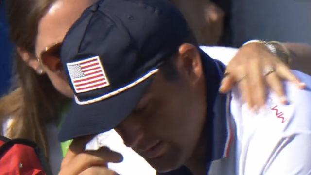 Scottie Scheffler, llorando durante la Ryder Cup 2023