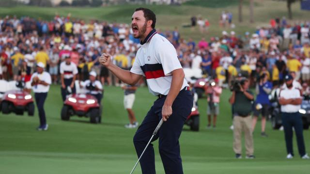 Patrick Cantlay, del equipo de Estados Unidos, celebra un punto