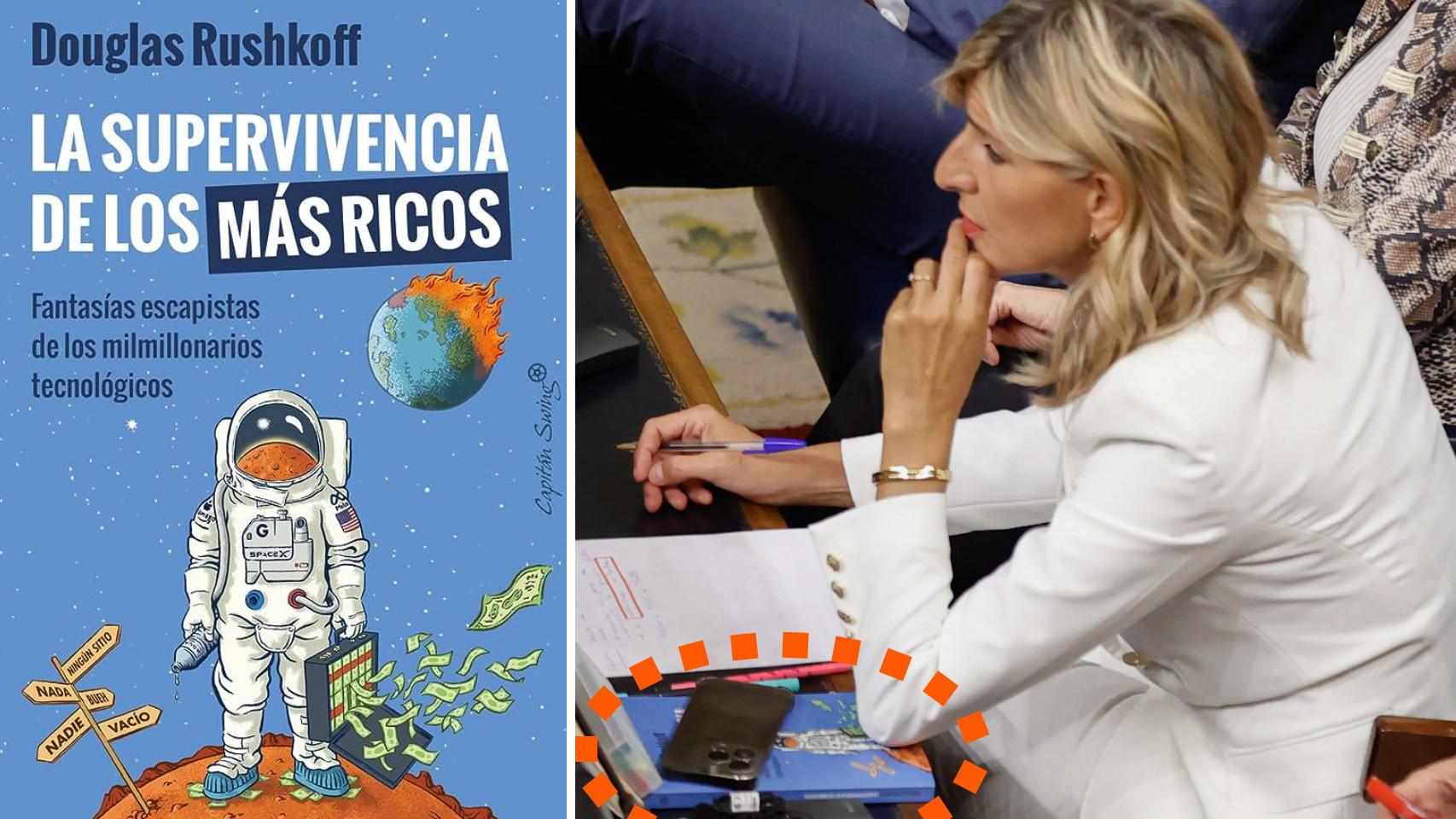 Yolanda Díaz, en la sesión de investidura con el libro de Douglas Rushkoff 'La supervivencia de los más ricos' (Capitán Swing, 2023).