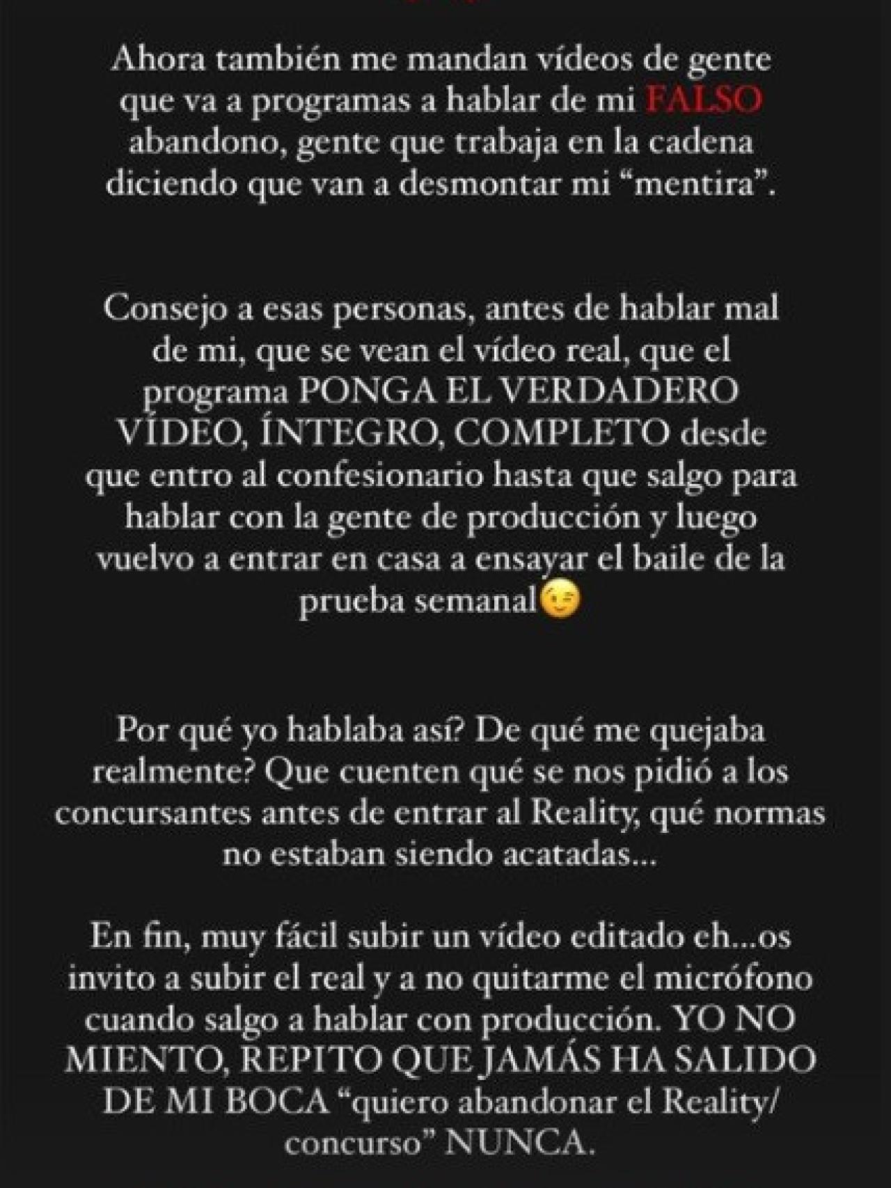 Imagen de una historia de Oriana Marzoli en su cuenta de Instagram.