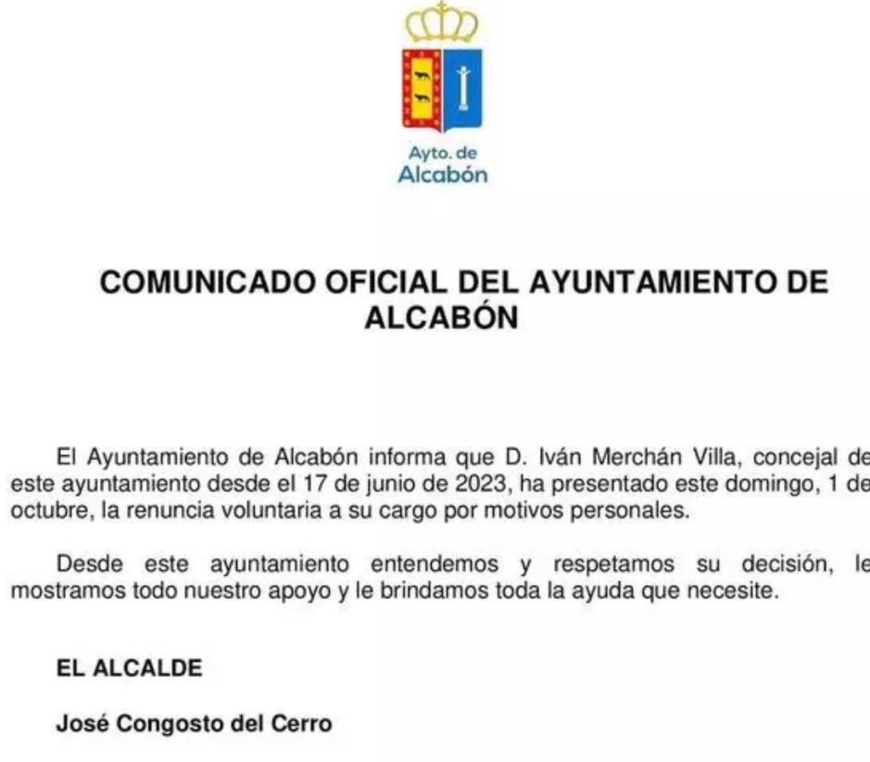 Comunicado del Ayuntamiento de Alcabón