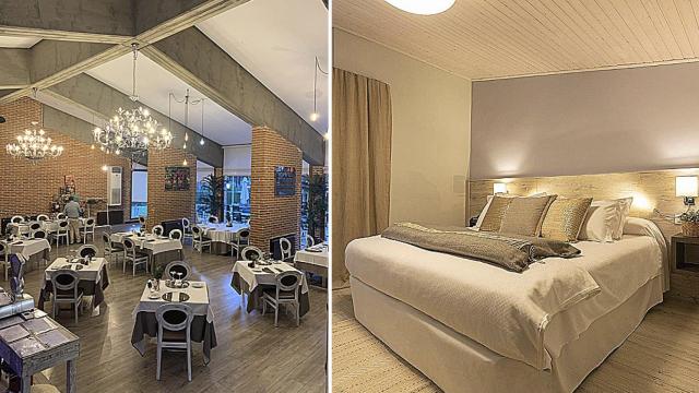 La zona de comidas, a la izquierda, y una habitación a la derecha, del Hotel El Montico
