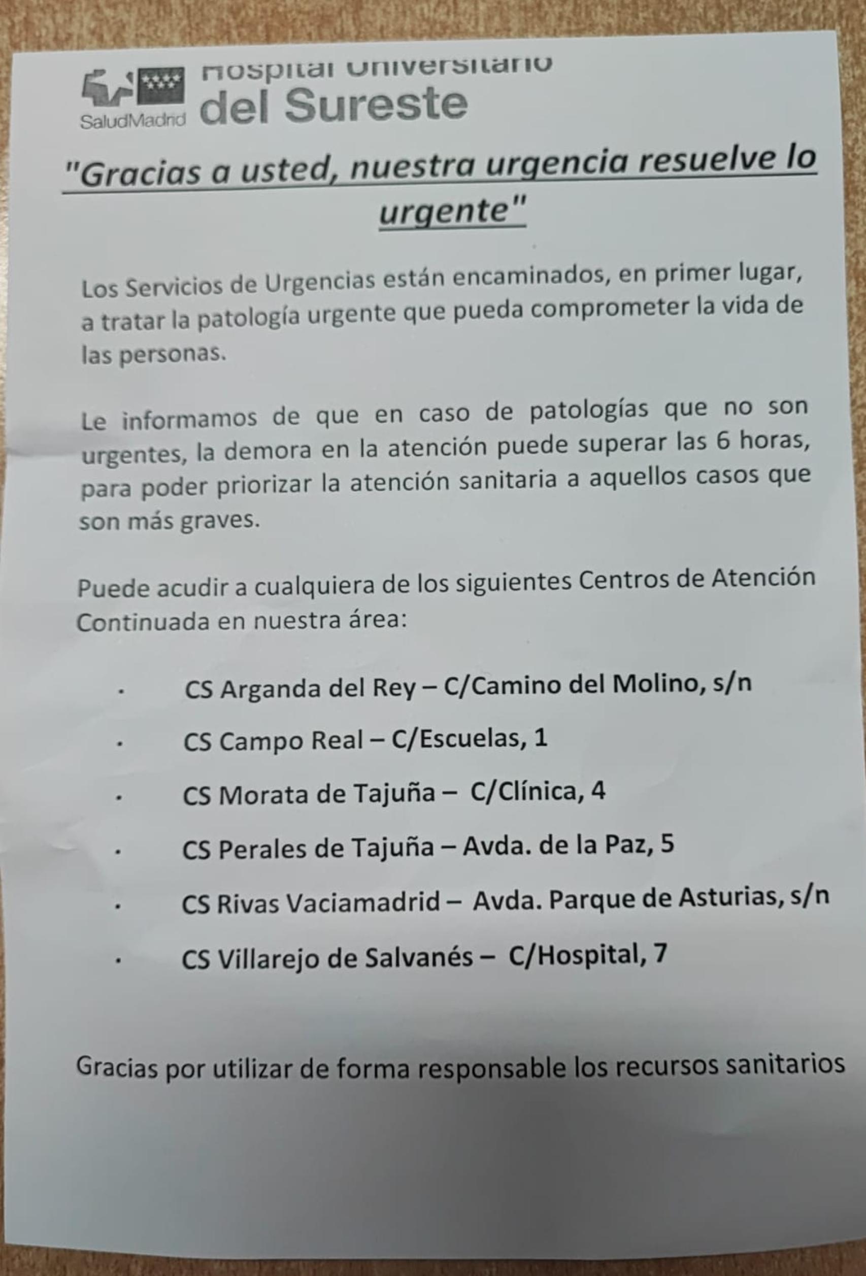Circular que están dando a los pacientes cuando llegan a las Urgencias.