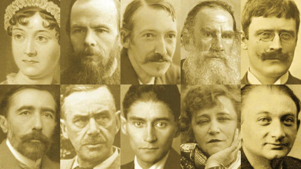 De izquierda a derecha y de arriba abajo, Jane Austen, Fiodor Dostoievski, Robert Louis Stevenson, Lev Tolstói, Knut Hamsun, Joseph Conrad, Thomas Mann, Franz Kafka, Colette y Adolfo Bioy Casares