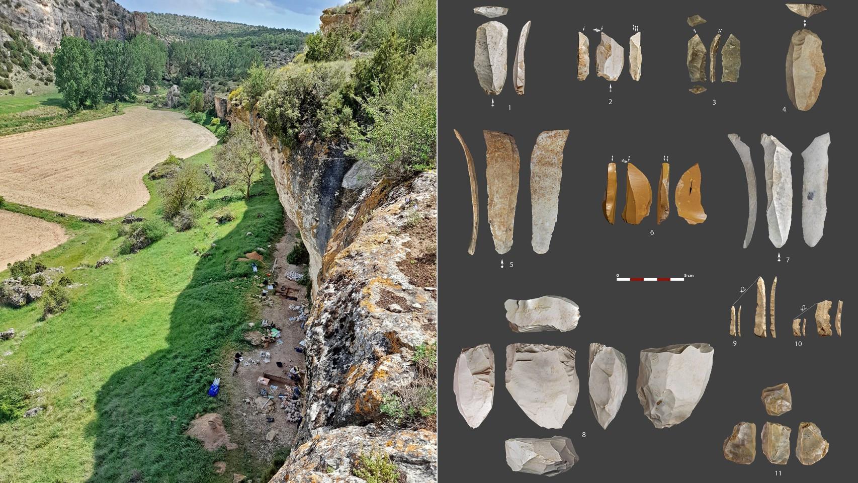 Imagen del yacimiento de Charco Verde II y artefactos líticos descubiertos en el sitio.