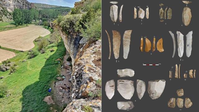 Imagen del yacimiento de Charco Verde II y artefactos líticos descubiertos en el sitio.