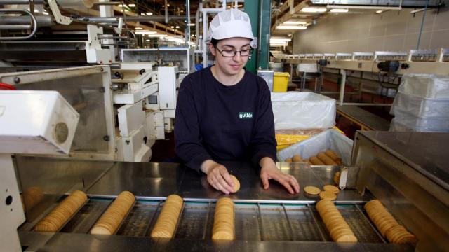 Fotografía: Archivo. Línea de producción de la fábrica que Galletas Gullón tiene en Aguilar de Campóo (Palencia)